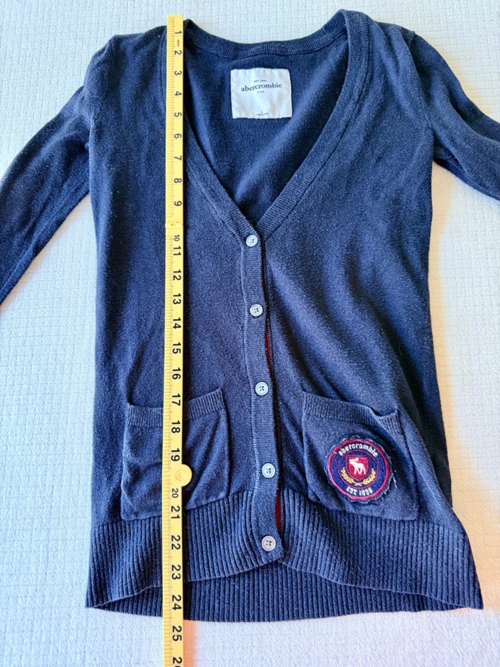 Abercrombie Kids Navy Cardigan Sweater Crest Patch Button Front Preppy Size L - Picture 7 of 7